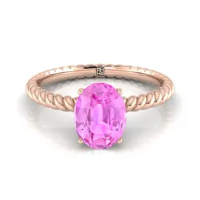 14K Rose Gold Oval Pink Sapphire Twisted Rope Solitaire With Surprize Diamond Engagement Ring