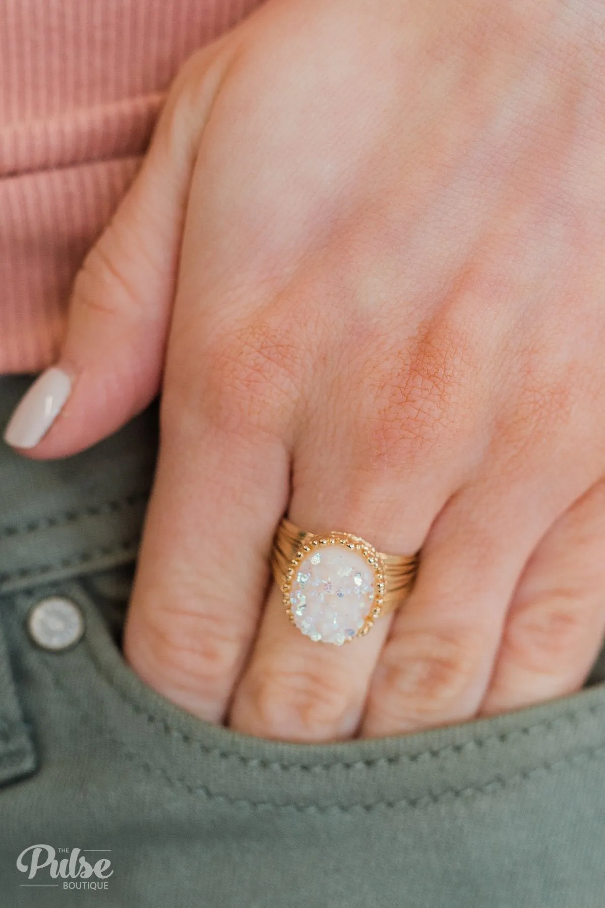 Adjustable Crystal Stone Ring- White