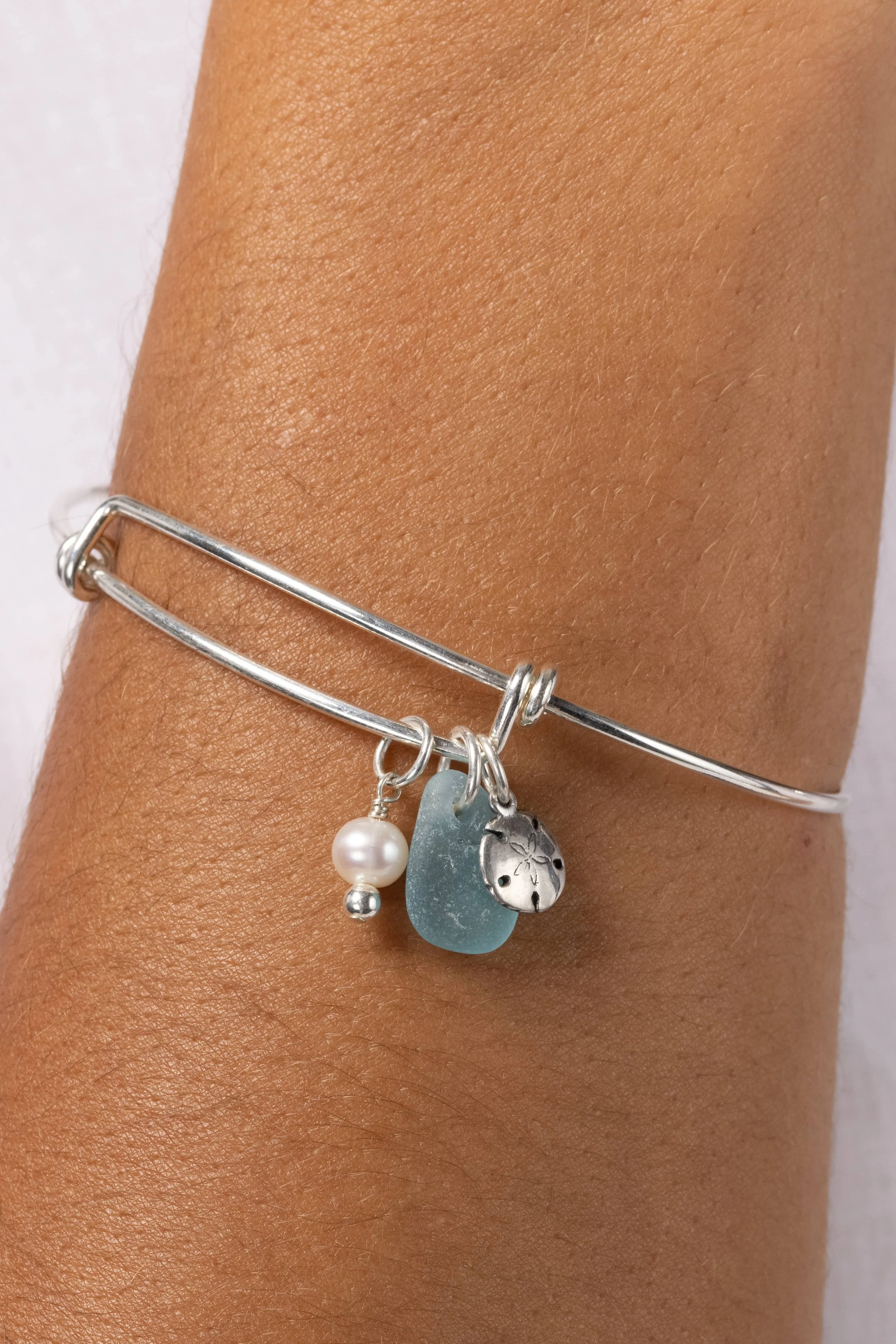 Adjustable Sea Glass Charm Bangle Bracelet with Gift Box