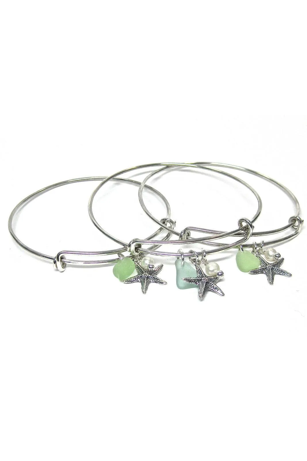 Adjustable Sea Glass Charm Bangle Bracelet with Gift Box