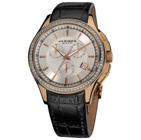 Akribos Xxiv Grandiose Crystal Chronograph Rose Gold-tone Steel Black Leather Strap Men's Watch AK615RG