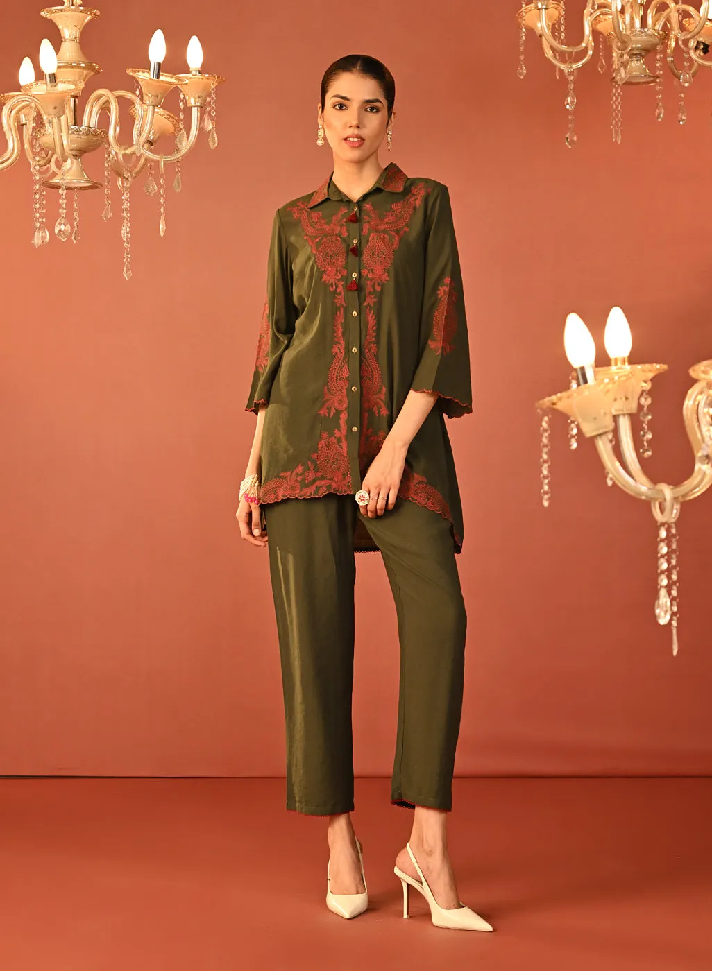 Alishay Army Green Embroidered Rayon Co-ord Set for Women