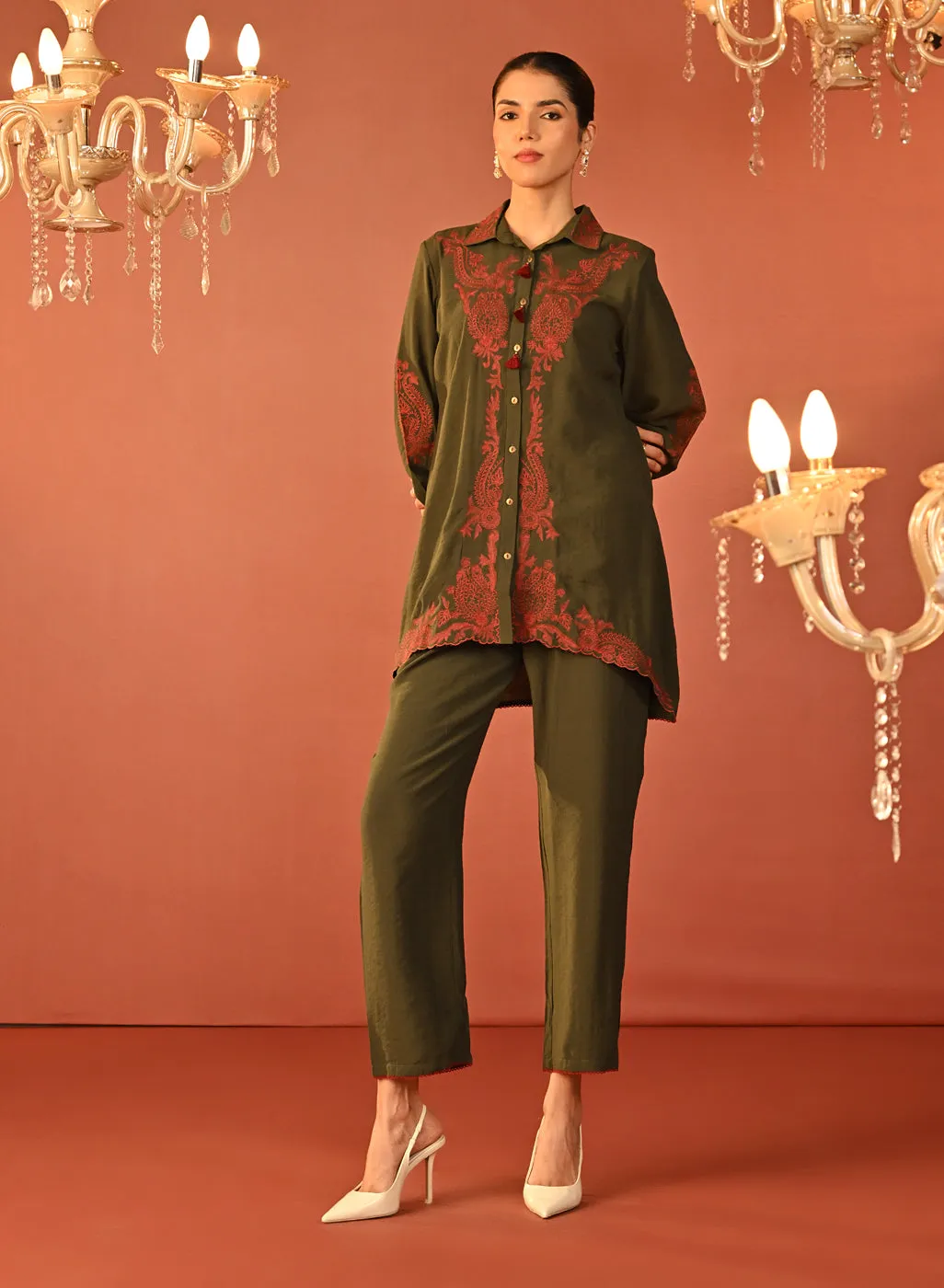 Alishay Army Green Embroidered Rayon Co-ord Set for Women