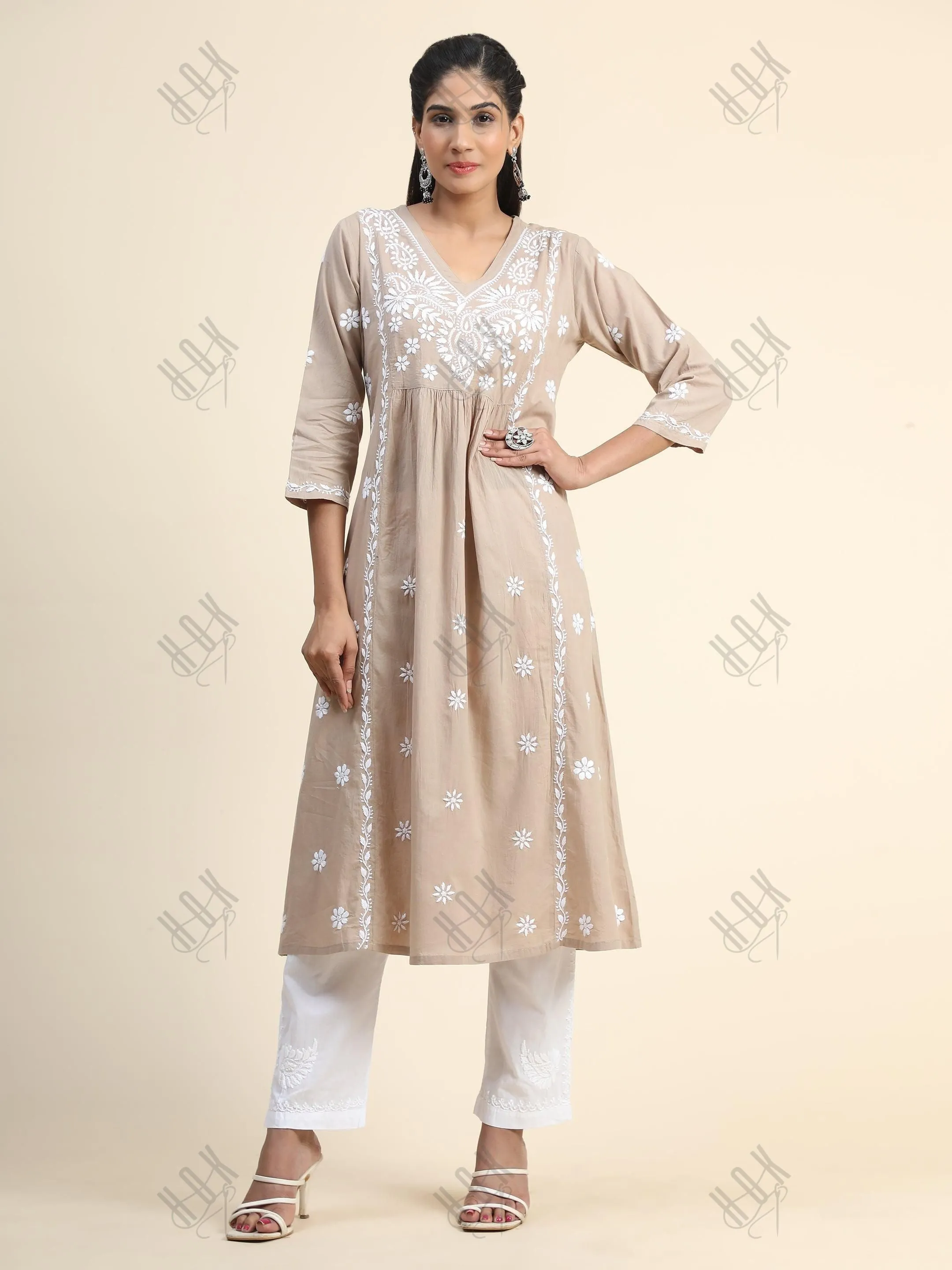 Arti Chauhan in HOK Chikankari Anarkali Kurti for Women - Beige