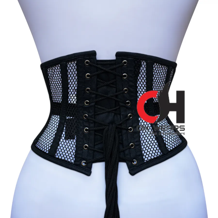 Black Cotton Black Mesh Underbust Corset - Steel Boned