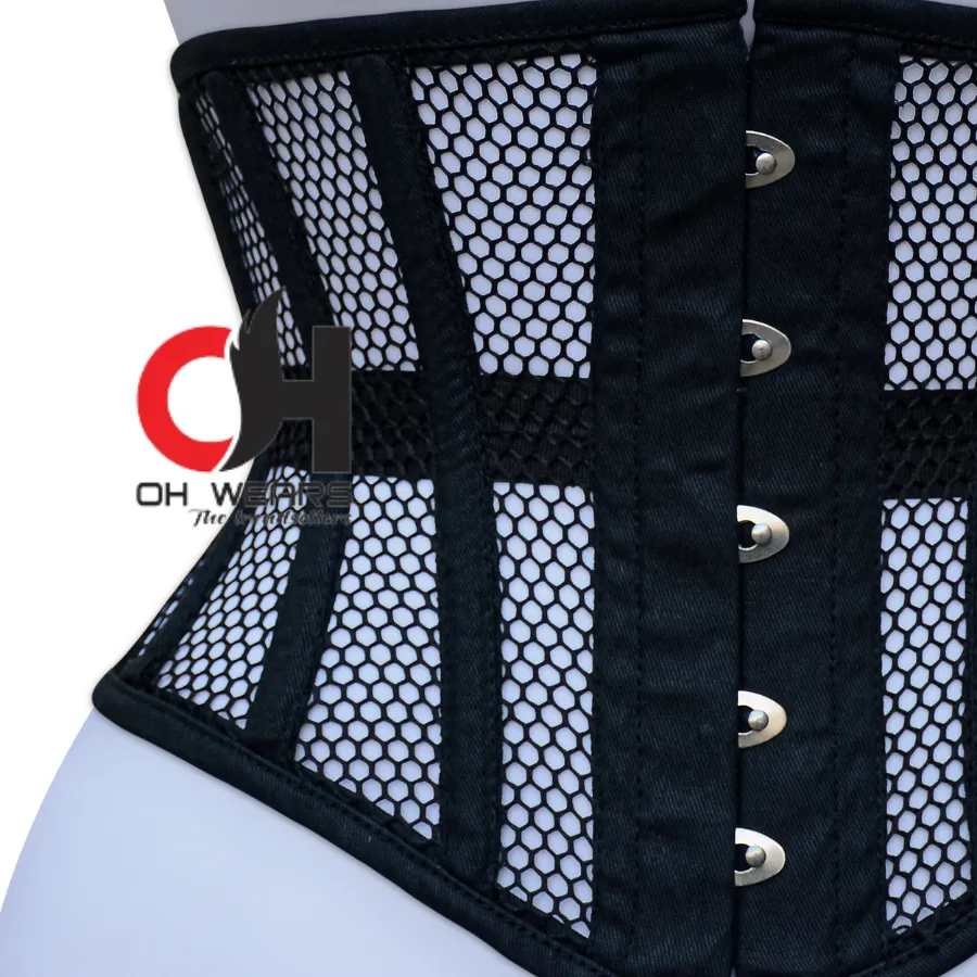 Black Cotton Black Mesh Underbust Corset - Steel Boned