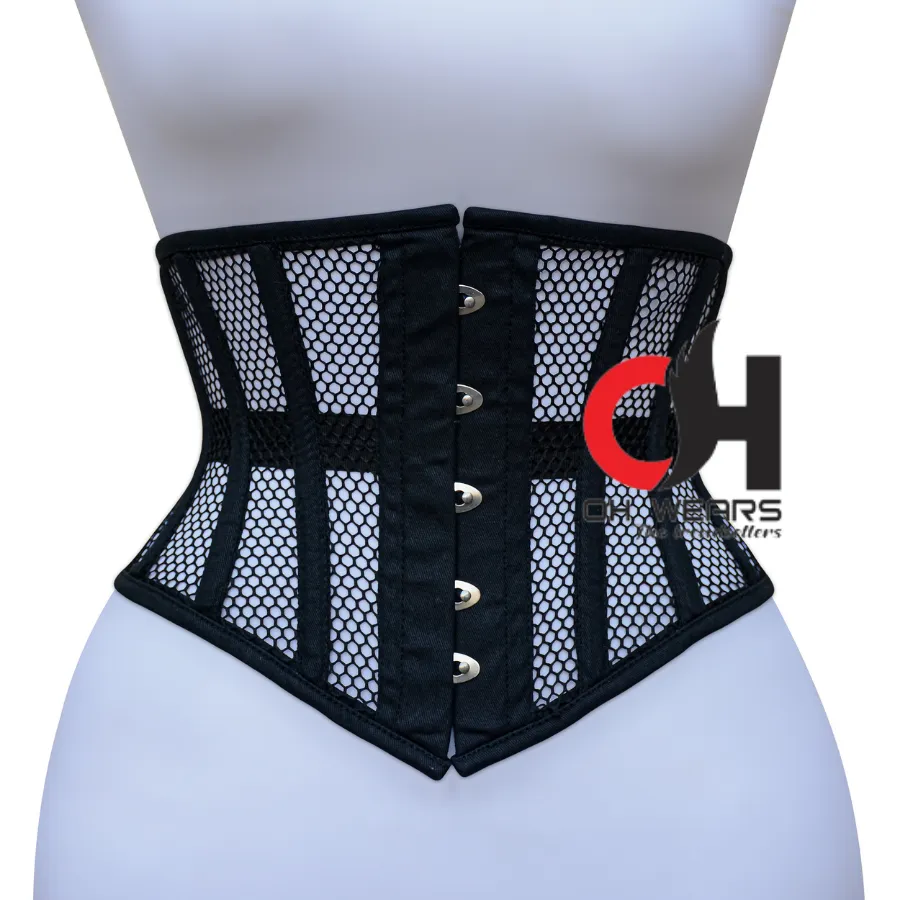 Black Cotton Black Mesh Underbust Corset - Steel Boned