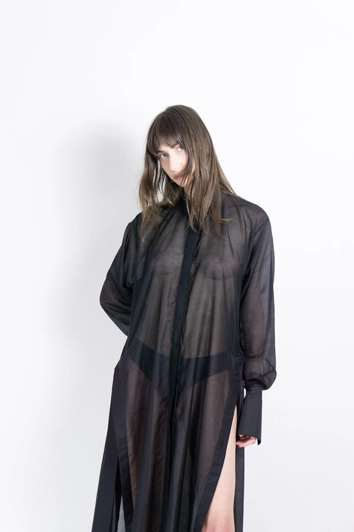 Black silk elongated post-gender shirt