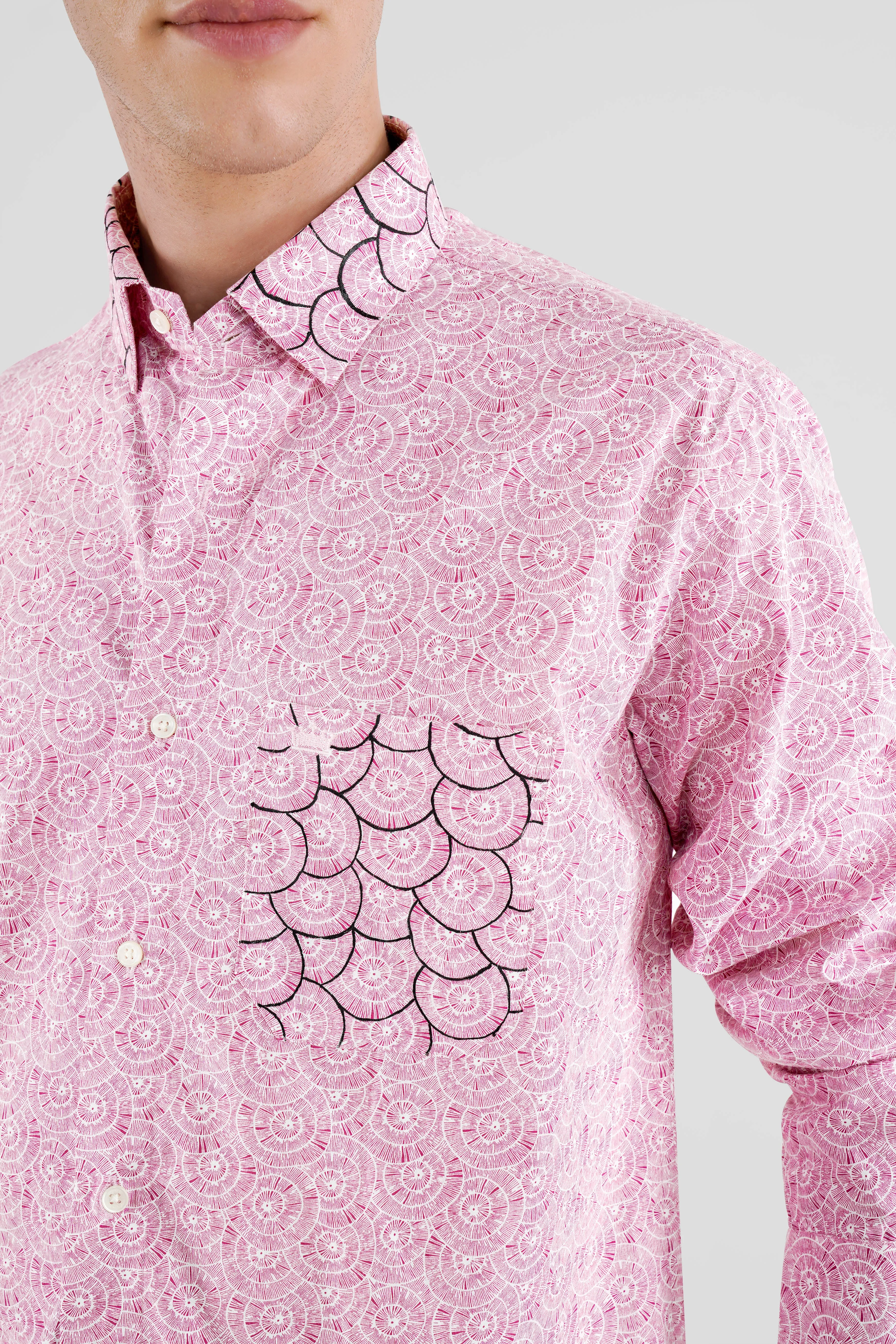 Blossom Pink and White Hand Painted Twill Premium Cotton Designer Shirt