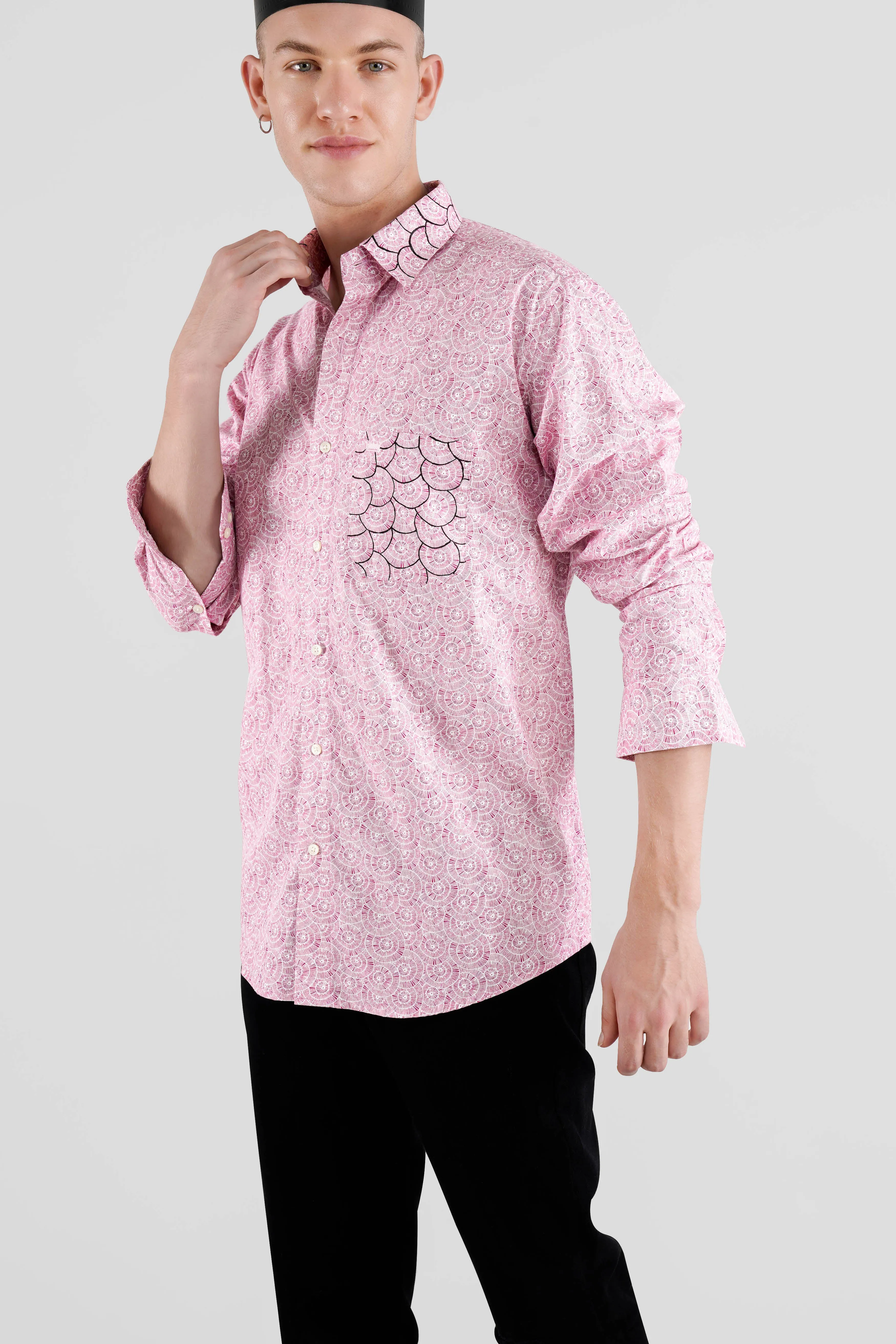 Blossom Pink and White Hand Painted Twill Premium Cotton Designer Shirt