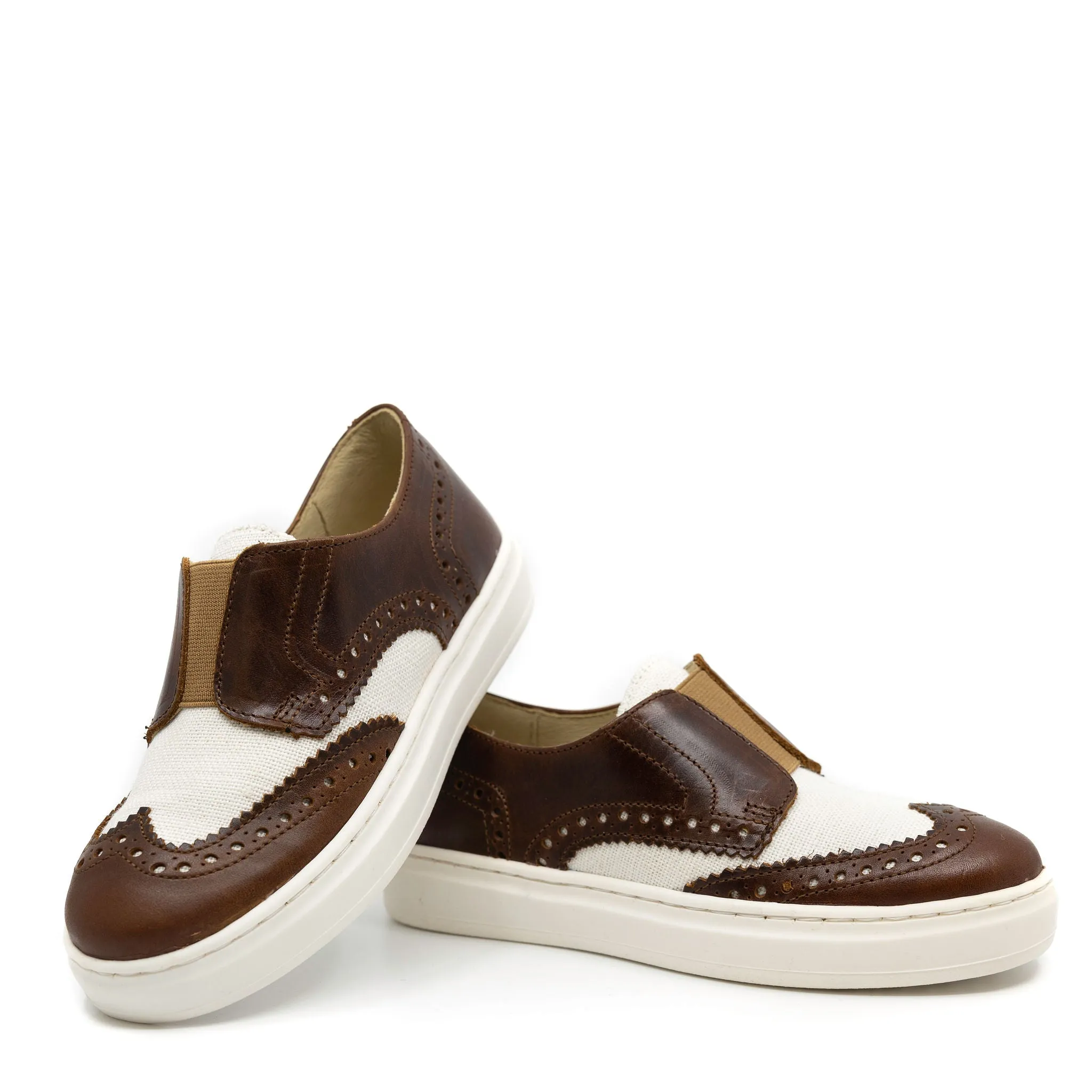 Blublonc Brown and Linen Wingtip Slip On Sneaker