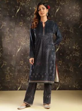 Blue Printed Velvet Kurta Set for Women with Geometric Motifs (With Dupatta)