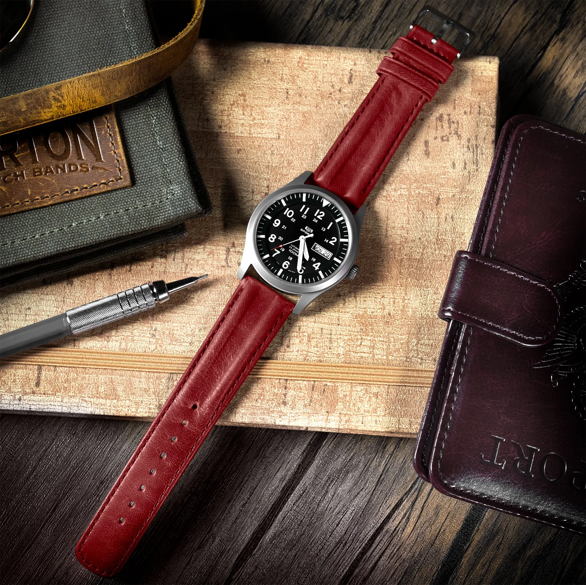 Crimson Red Classic Horween Leather Watch Band