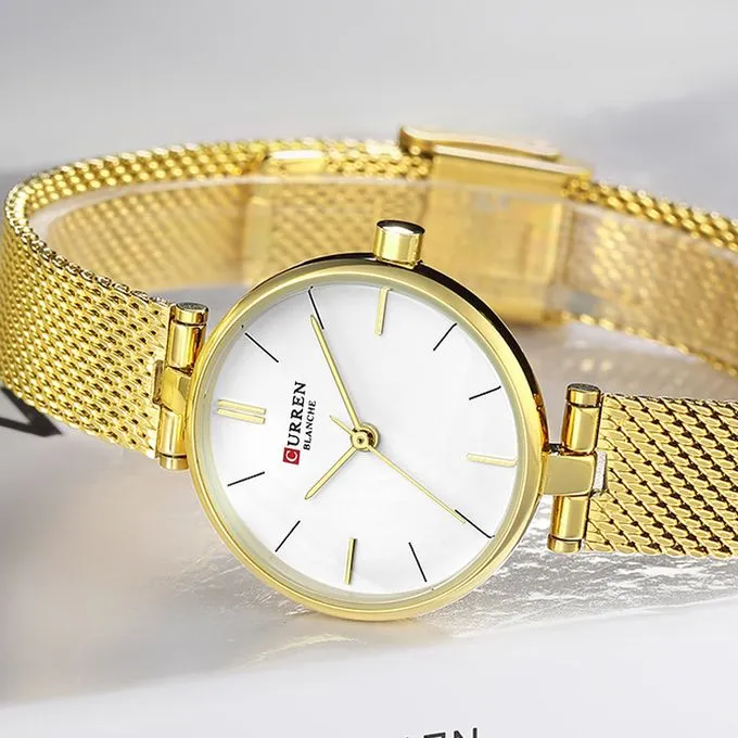 CURREN Stainless Steel Mesh Strap Watches Women's Quartz Watch Gold Bracelet Wristwatch Female Clock Ladies Dress Watch 9038(gold White)