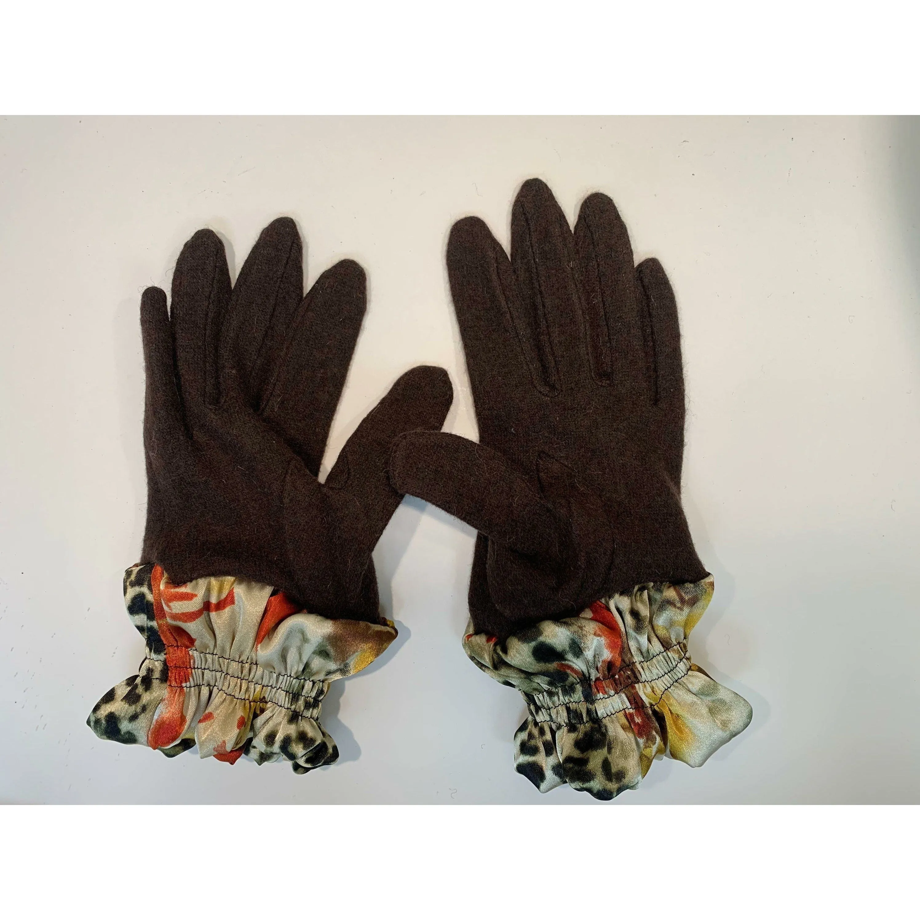 Dark brown full finger wool gloves with shirred satin animal cuffs. Toasty winter gloves stretch fit. Free Shipping