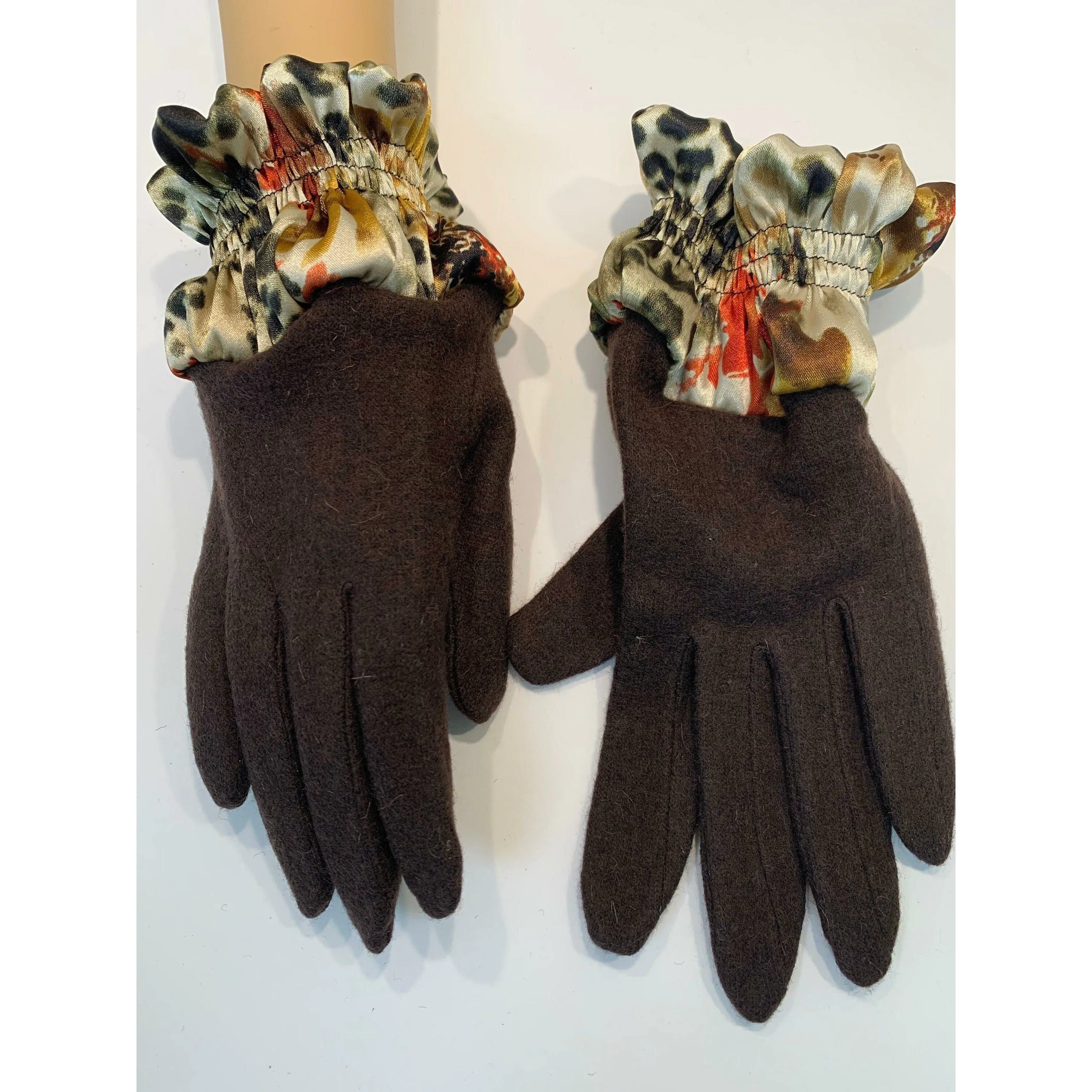 Dark brown full finger wool gloves with shirred satin animal cuffs. Toasty winter gloves stretch fit. Free Shipping