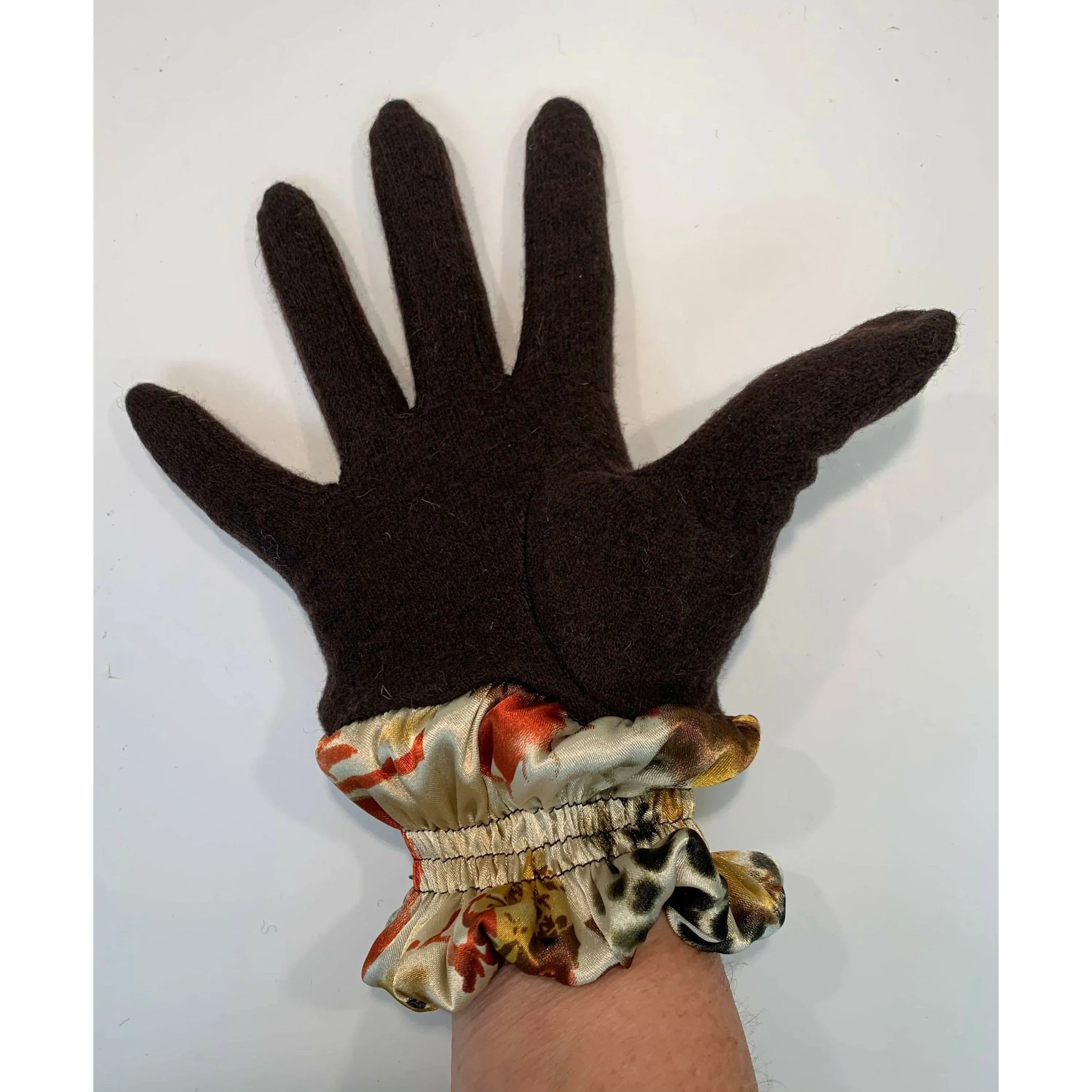 Dark brown full finger wool gloves with shirred satin animal cuffs. Toasty winter gloves stretch fit. Free Shipping