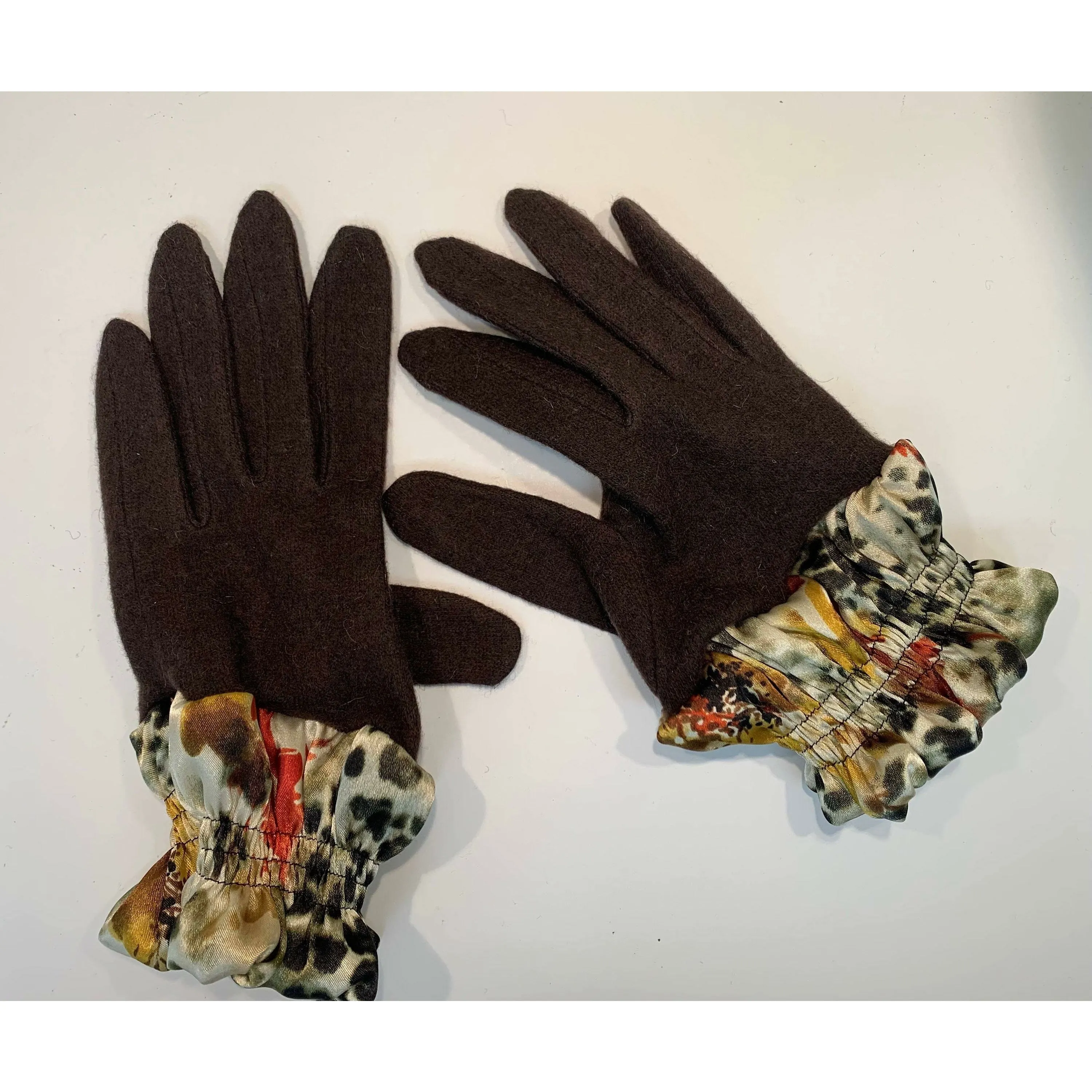 Dark brown full finger wool gloves with shirred satin animal cuffs. Toasty winter gloves stretch fit. Free Shipping