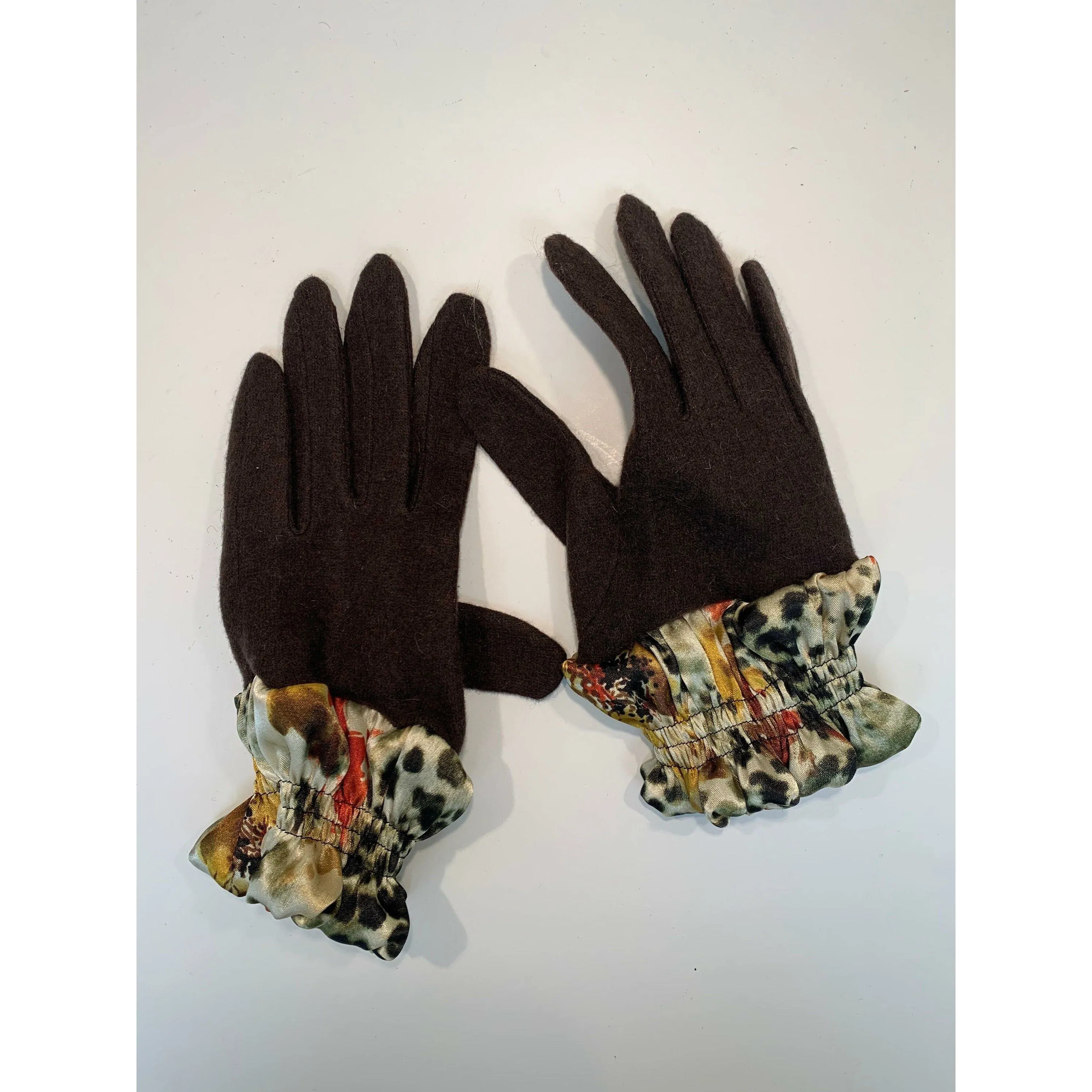 Dark brown full finger wool gloves with shirred satin animal cuffs. Toasty winter gloves stretch fit. Free Shipping