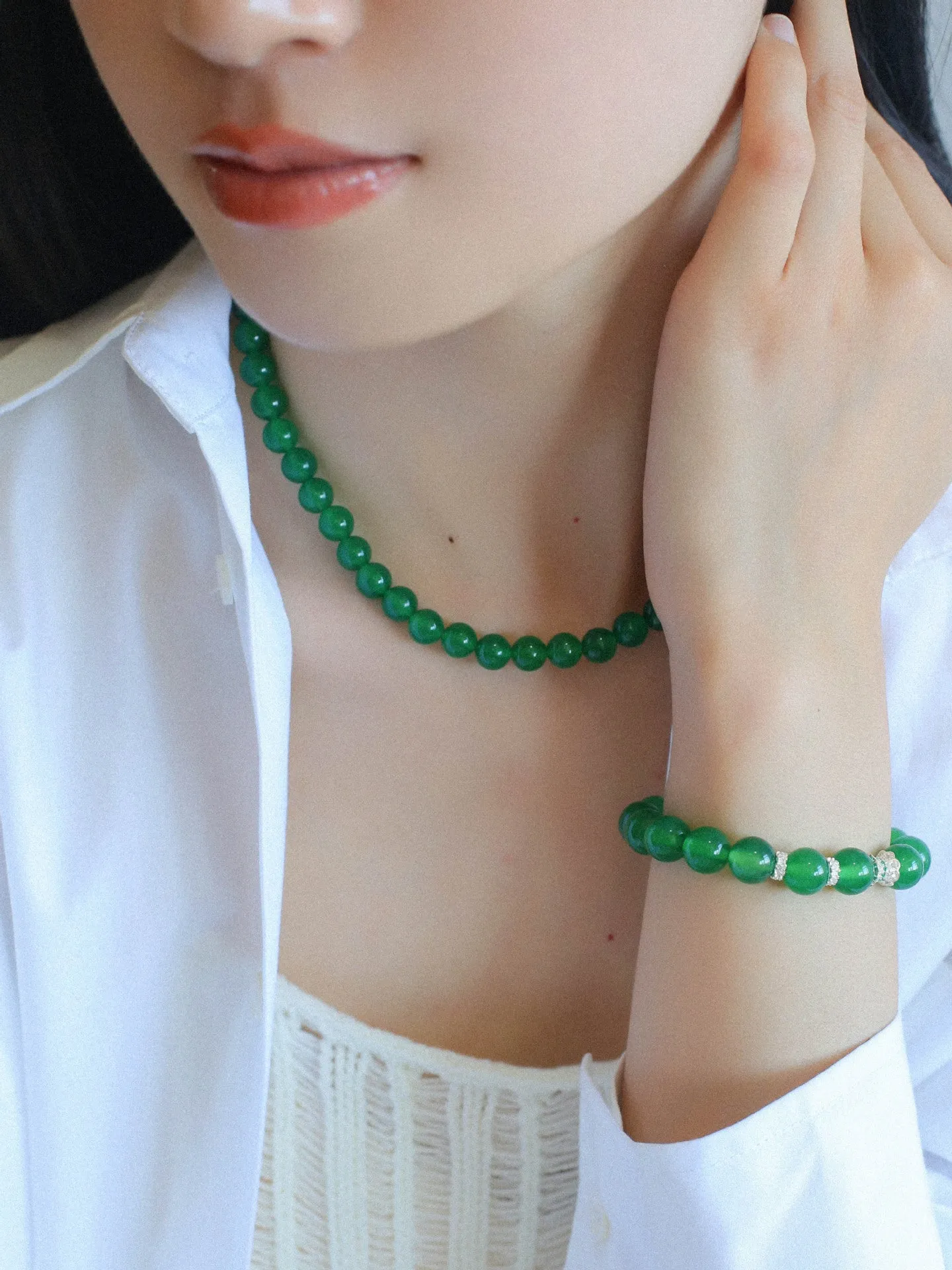 Green Onyx Sterling Silver Waist Beads Stretch Bracelet