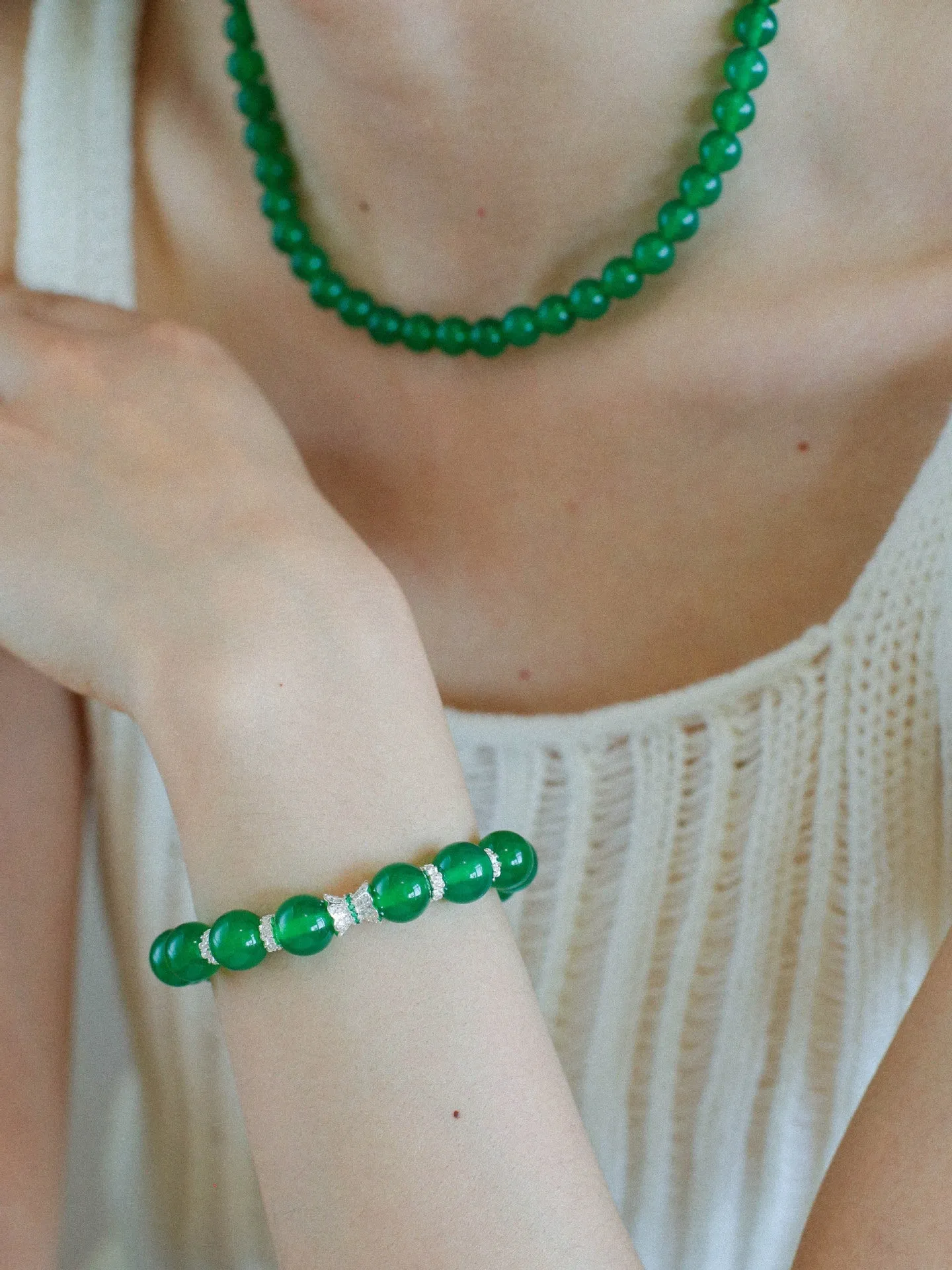 Green Onyx Sterling Silver Waist Beads Stretch Bracelet