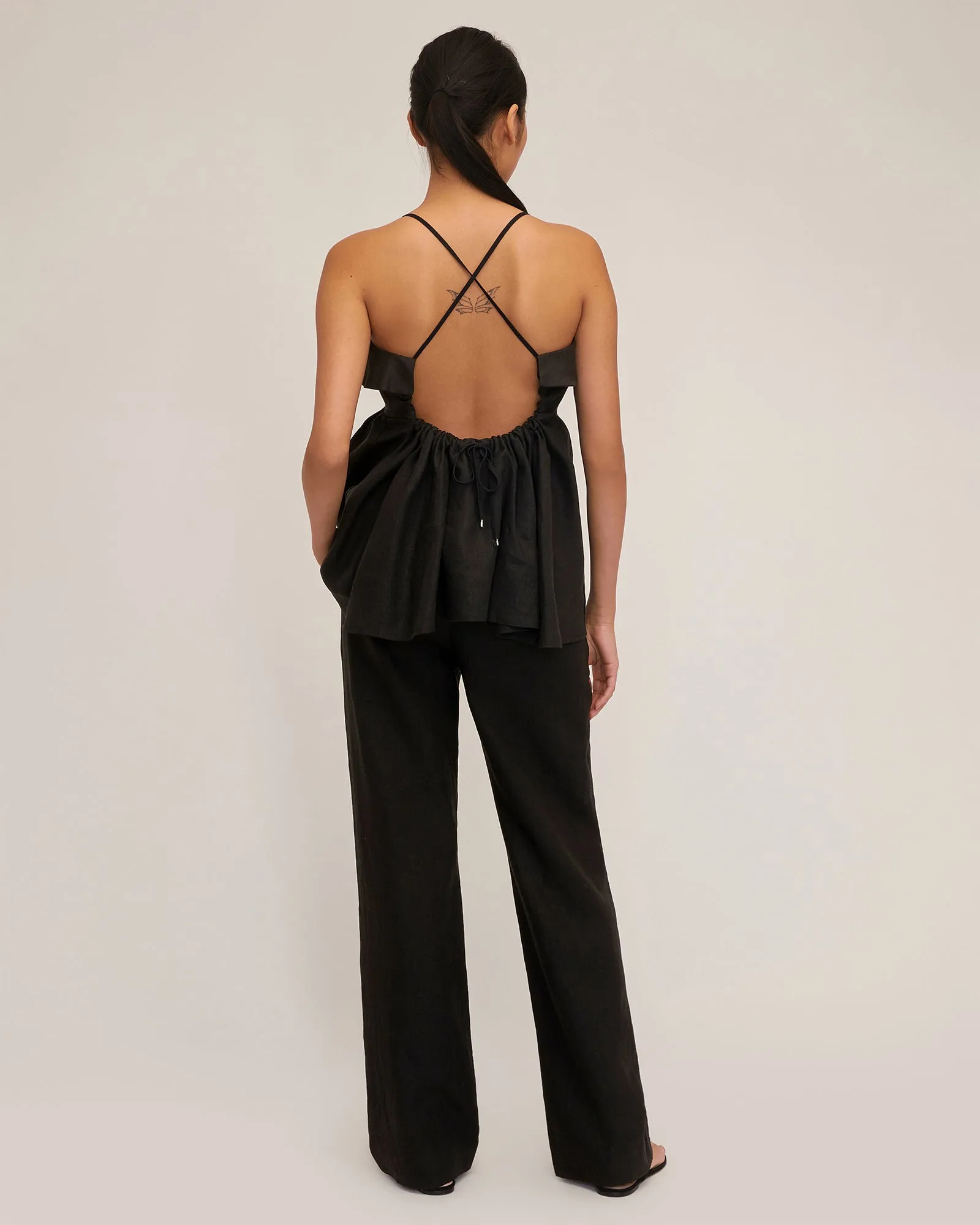 Jayce Linen Laced Empire Top in Black