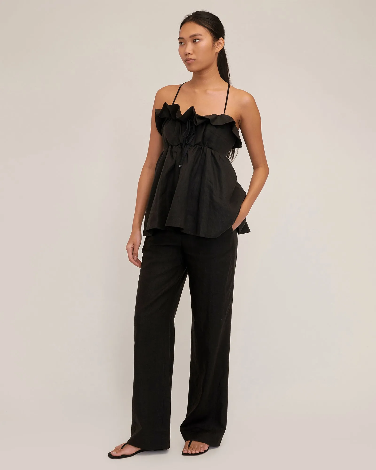 Jayce Linen Laced Empire Top in Black