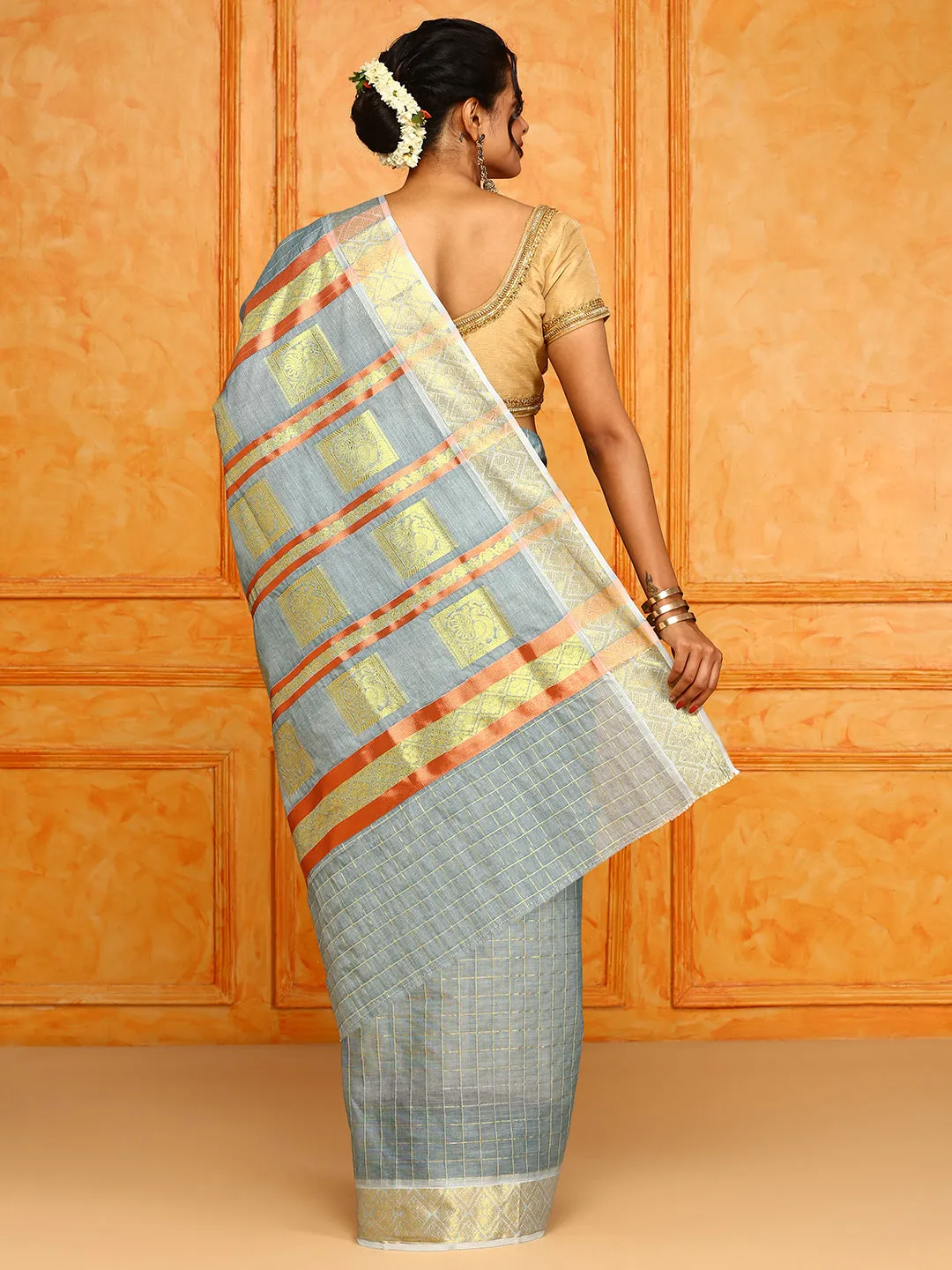 Kerala Blue Copper Jari Weaving Saree KS116