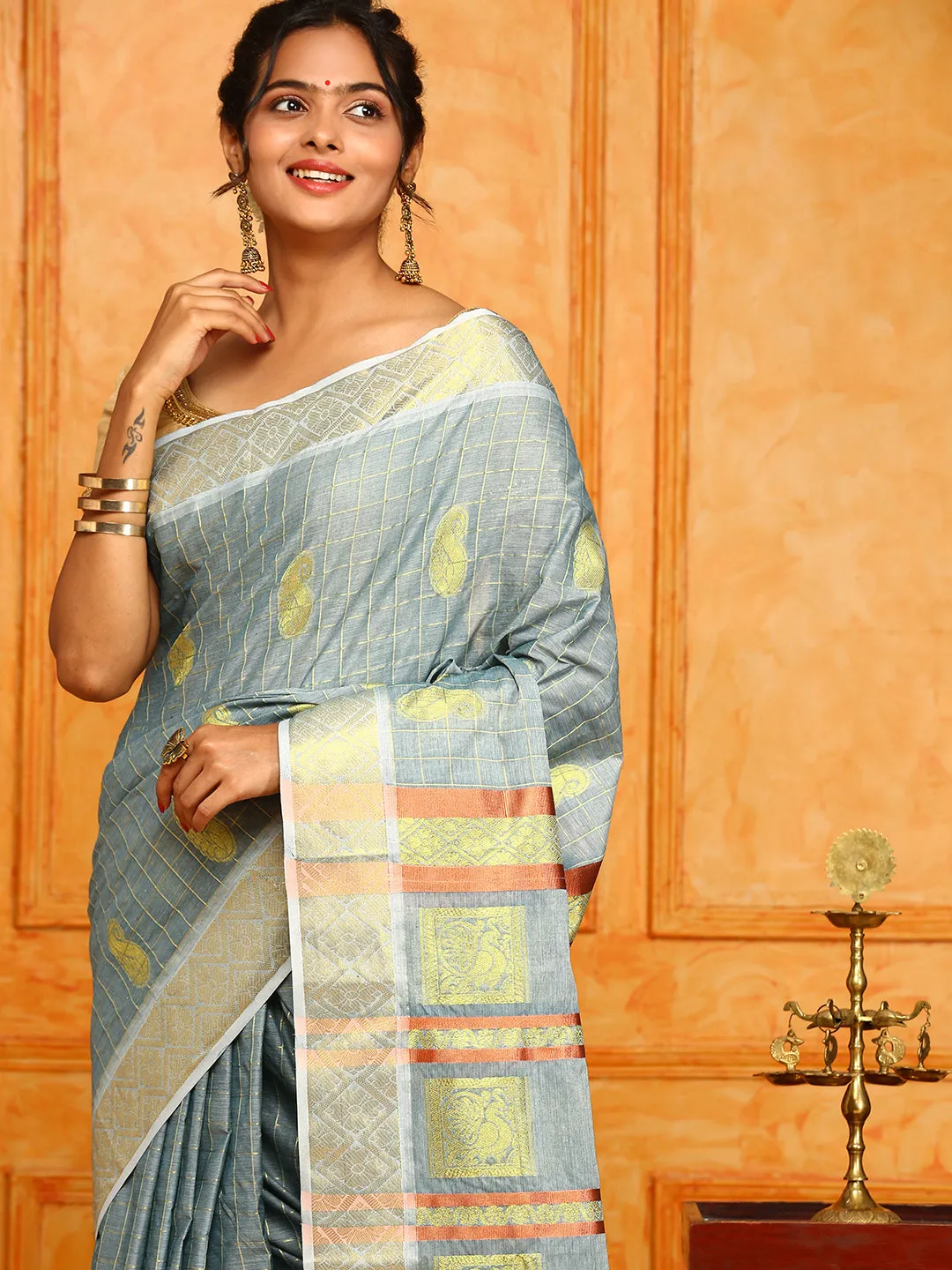 Kerala Blue Copper Jari Weaving Saree KS116