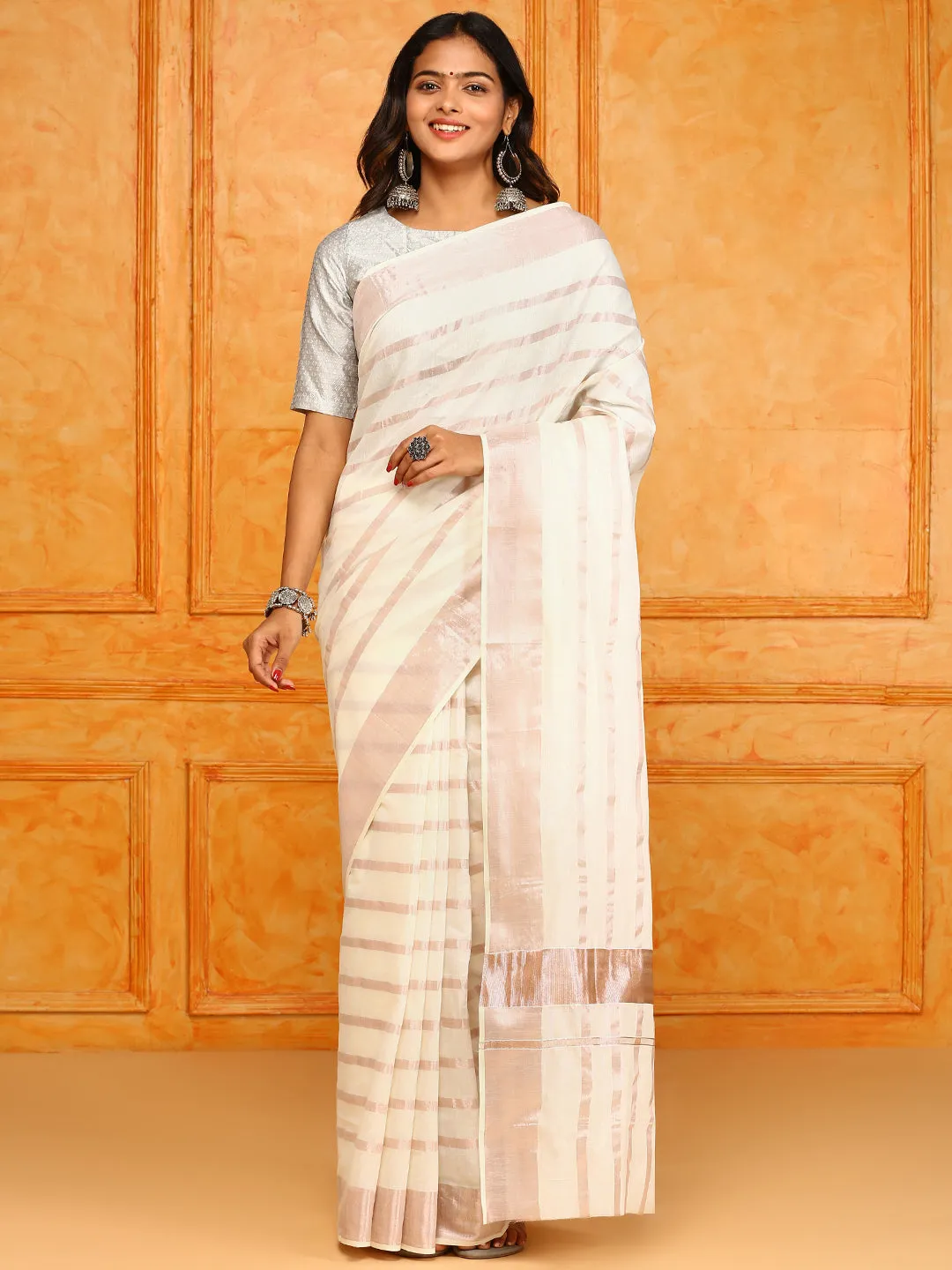 Kerala Cream Copper Jari Weaving Saree KS119