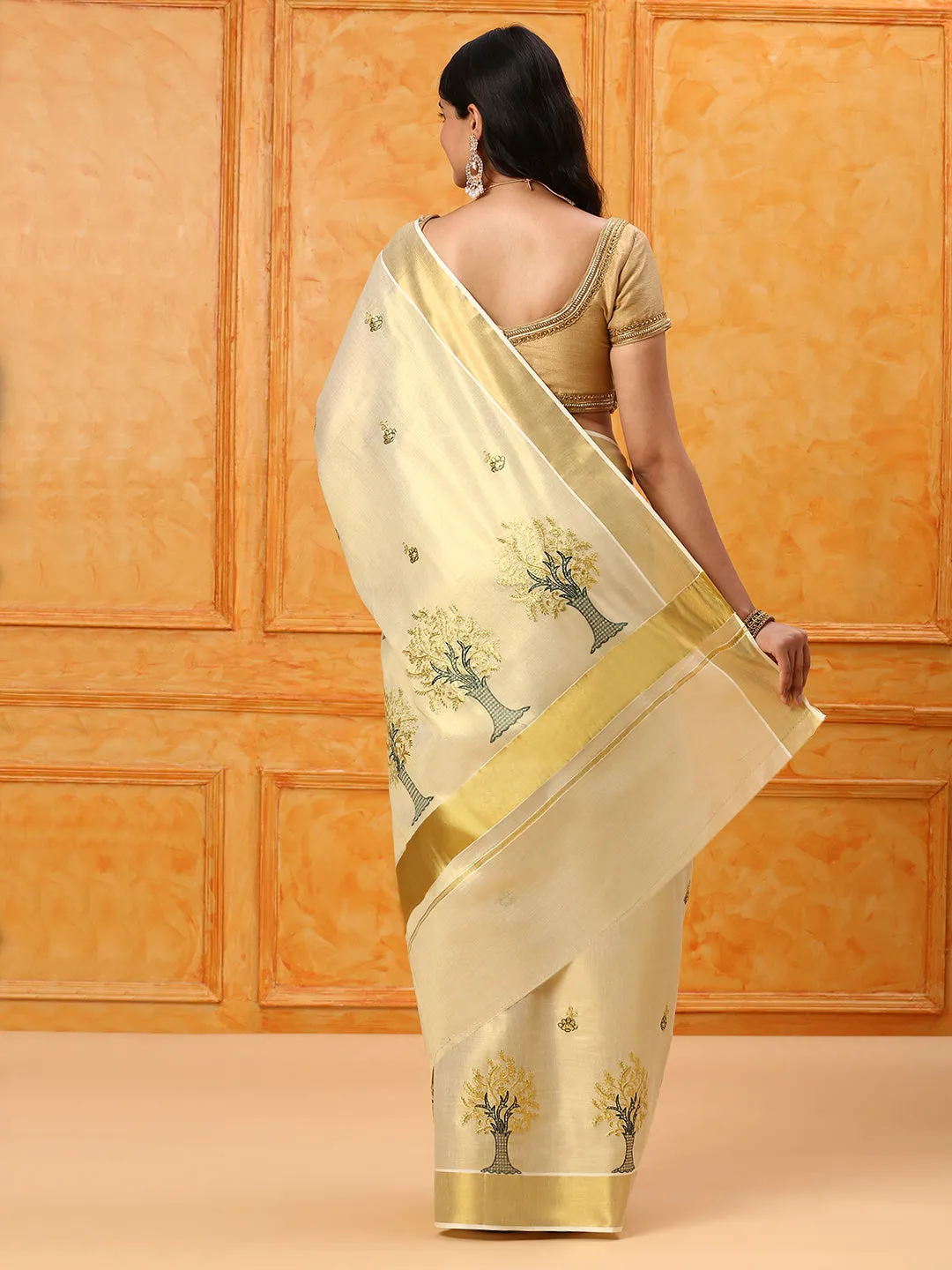 Kerala Cream Gold Jari Embroidery Saree KS107