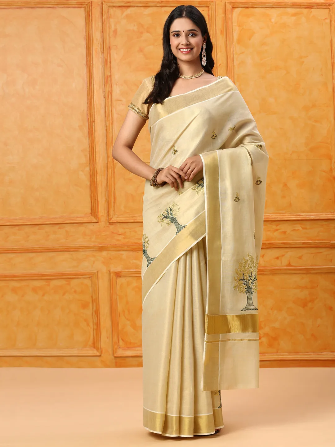 Kerala Cream Gold Jari Embroidery Saree KS107