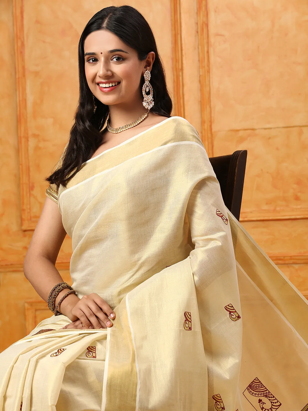 Kerala Cream Gold Jari Embroidery Saree KS111