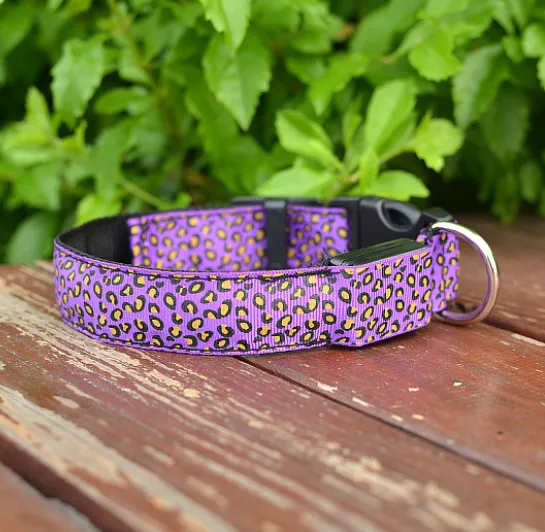 LED Safety Dog Collar - Adjustable Nylon Leopard Print Pet Collar