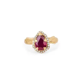 Micro Queen Water Drop Ruby Rose Thorn Ring with Pavé Diamond Halo