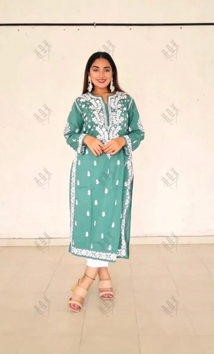 Sonakshi Duhan in Hand embroidery Chikankari Round neck Dress in Cotton-Green