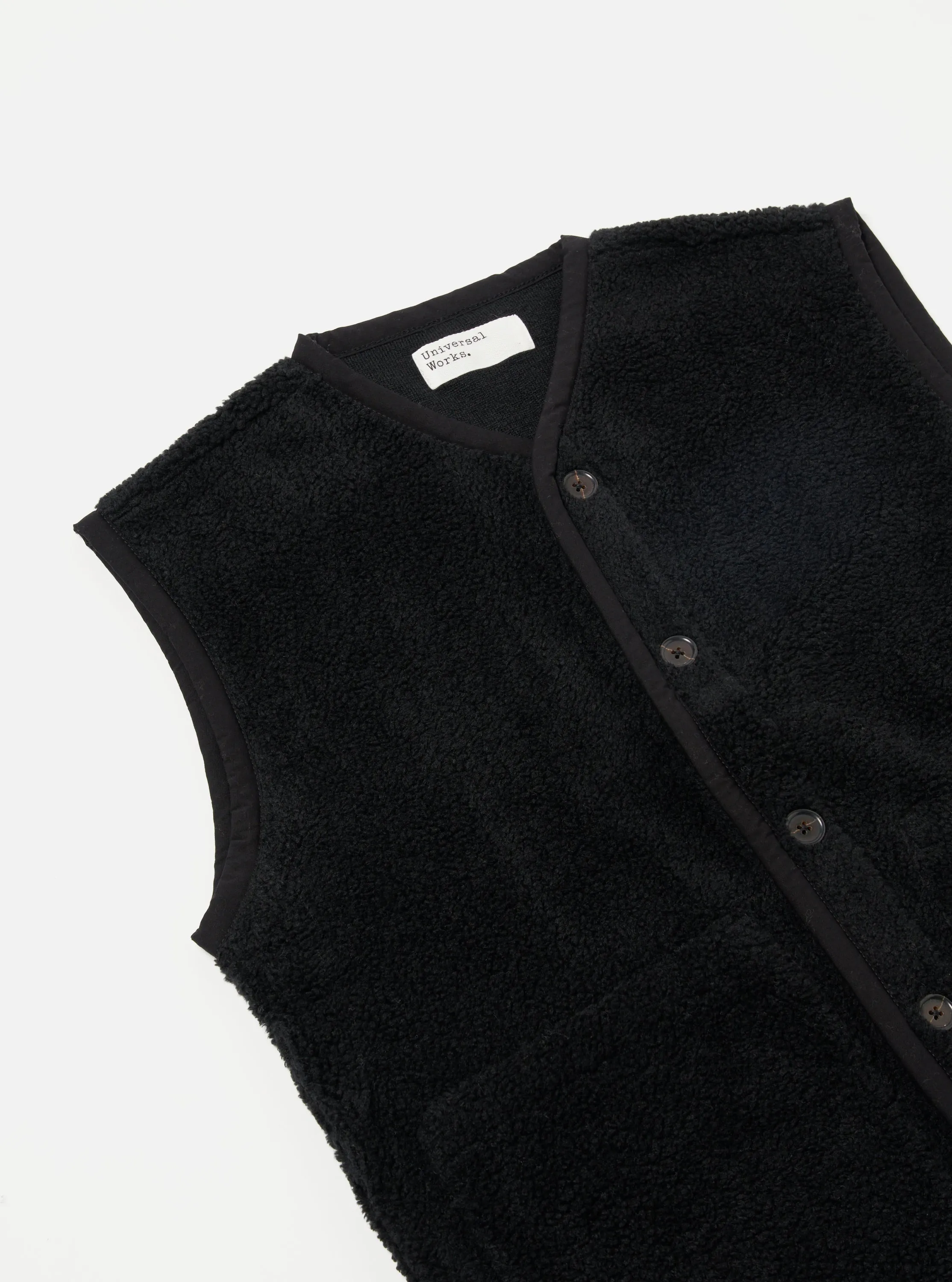 Universal Works Lancaster Gilet in Black Mountain Fleece