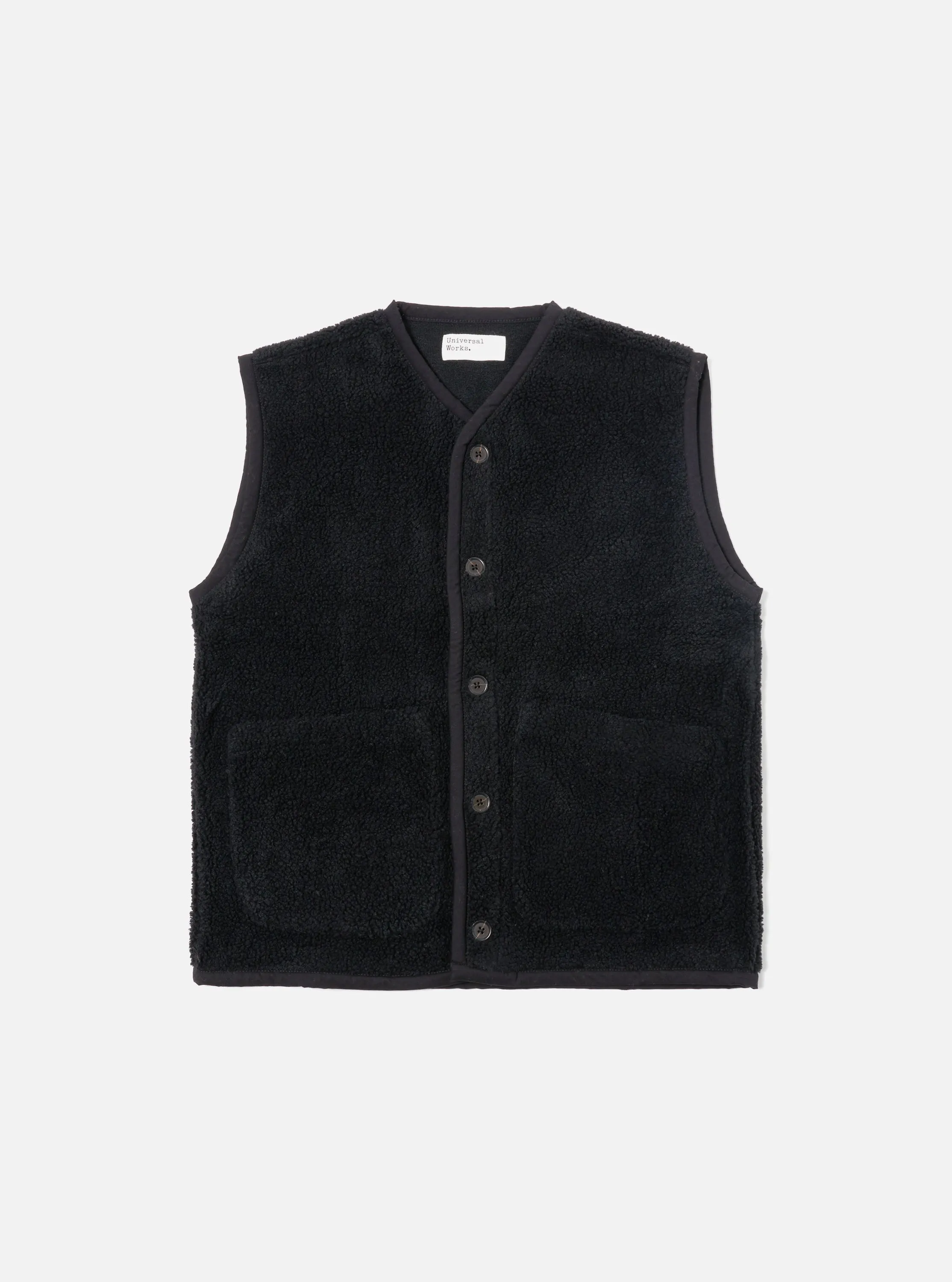 Universal Works Lancaster Gilet in Black Mountain Fleece