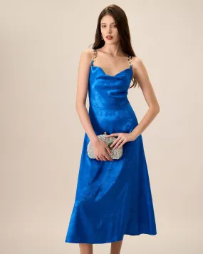 Women's Blue Cowl Neck Jacquard Slip Midi Dress